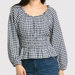 Madewell Womens Top Blue Sophie Textured Plaid Smocked Peplum Blouse Peasant XS Photo 0