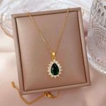 18K Gold Plated Crystal Teardrop Emerald Pendant Necklace for Women Photo 2