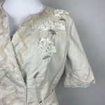 Elie Tahari  Wrap Jacket M Linen Beige Floral Applique Crop Short Sleeve‎ Photo 3