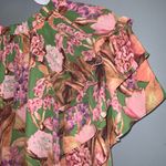 Rose + Olive Orange Pink & Green Floral Ruffle Tie Neck Short Sleeve Blouse 1X Photo 6