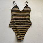 Topshop Metallic Striped Ribbed Bodysuit Size 4 | Gold Pink Black V-Neck One Pie Photo 1