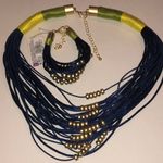 Elegant Gold Tone Beaded Blue Yellow Necklace and Bracelet Set Photo 1