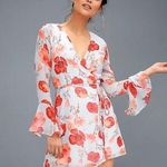 Lulus NWOT Lululs Petals of Honor Light Blue Floral Wrap Dress sz S long sleeve sheer Photo 0