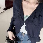 Japanese Kawaii Style Navy Blue Heart Eyelet Lace Ruffle Heart Pockets Cardigan Size XS Photo 2