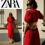 ZARA Cut Out Poplin A-Line MIDI Dress Puff Sleeves Red SIZE XS NEW Photo 2