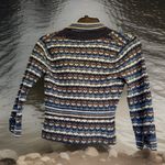 Nine West  Striped Cardigan Sweater Women's Blue Brown Gray Sparkle Flower Accent Photo 6