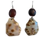 Vtg Shell Flower Pendant Wood Bead Necklace Earrings Set Vacation Beach Estate Brown Photo 5