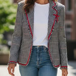 ECI  New York Houndstooth Blazer with Red Trim bow and fringe tweed size 14w a41 Photo 0