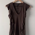 BCBGMAXAZRIA NWOT  ribbed ruffle sides top cap sleeve olive brown v-neck lyocell Photo 7