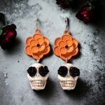 Skull Orange Flower Black Rose Eyes Drop Dangle Halloween Earrings‎ Faux Fashion Photo 3