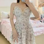 Korean Kawaii Cream Beige Chiffon Floral Y2K Ruffle Tiered Backless Mini Dress Size 0 Photo 4