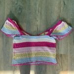Sincerely Jules Striped Crochet Crop Top Off Shoulder Ruffle Sleeve Pink Yellow Size M Photo 4