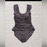 Badgley Mischka  Espresso Ruched One Piece Slimming Swimsuit Draped Size 12 Photo 2
