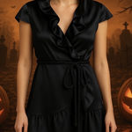 Lucy Paris Satin Ruffled Wrap Dress in Black Size Small NWT Photo 0