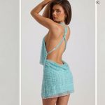 Oh Polly “Sylune Embellished Cowl-Neck Backless Mini Dress” in Aqua Blue Photo 1