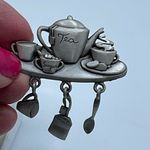 Vintage Pewter tea lovers brooch by J.J. Silver Photo 1