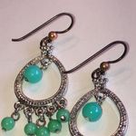 Elegant Silver Tone and Teal Green Beaded Boho Dangle Earrings Photo 3