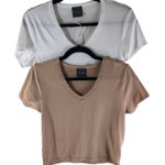 Olivia Rae  2 Womens T Shirts Tops V Neck Cropped Short Sleeve Beige White S Photo 0