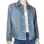 SPANNER Darling Women’s Size 8 Pink Trim Denim Stripe Buttons Jean Jacket Blue Photo 0