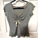 Join grey and white striped short sleeved gathered top Size M Photo 0