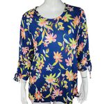 Caribbean Joe Women's Large Blue Floral Blouse 3/4 Sleeves Tie Detail NWT Cruise Photo 0