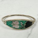 Vintage Alpaca Mexico Mother of Pearl Shell Flower Inlay Bangle Green Photo 2