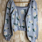 Willow & Wind Floral Square Neck Puff Sleeve Knit Sweater S Top Light Blue Women Photo 0