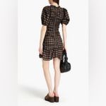 Ganni  Ruched Seersucker Mini Dress Plaid Tan Black beige puff sleeves neutral Photo 7