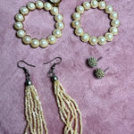 Lot of 3 Vintage Statement Earrings Pearl Hoops Beaded Tassel Dangle Studs Gold Photo 0