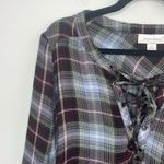 Motherhood  Maternity Plaid Tunic Roll Tap Sleeves V cross string tie  Size Large Photo 2