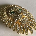 None Gold Tone CZ Rhinestones & Green Rhinestone Eyes Lions Head Brooch Shoulder Pin Photo 4