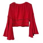 Free People Boho Bell-Sleeve Peasant Top Blouse Red Lace Inset Tie Neck – Size M Photo 2