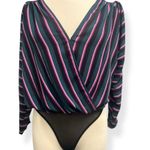 ASTR  Women’s Plunging V Neck Bodysuit Blue Pink Stripe Long Sleeve Top‎ Size Med Photo 0