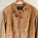 Vintage Suede Leather Embroidered Floral Longline Jacket in Camel Brown Size 22 plus Photo 1