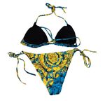 2 Piece Blue and Yellow Side Tie Swimsuit Set Size M Photo 2
