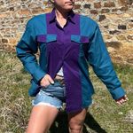 Vint. 90s Teal Purple Color Block Western Cowgirl Long Sleeve Button Down Shirt Blue Size M Photo 0