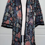 Peruvian Connection Jacquard Floral 3/4 Sleeve Open Front Cardigan Size Medium Black Photo 0
