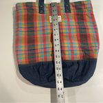 American Eagle Madras Plaid Tote Bag Denim Bottom Preppy Retro Tie Closure Blue Photo 10
