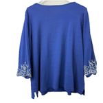 Quacker Factory  Blue Floral Embroidered Rhinestone 3/4 Sleeve Knit Top Size XL Photo 6