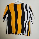 SheIn Blouse Top Short Sleeve Black White Yellow Wavy Stripe Business Casual Photo 3