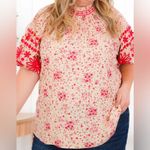 Savanna Jane Floral Print 3/4 Sleeve Mock Neck Peasant Western Embroidery Top 1X Red Photo 2