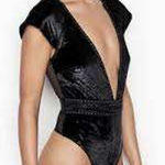 Victoria's Secret  Black Studded Velvet Mesh Deep V Bodysuit‎ Plunge Size M Photo 0