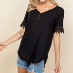 a.gain  Black Plus Size Lace Trimmed Short Sleeve Henley Top 1X 2X 3X Photo 2