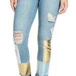 Indigo Thread Metallic Patchwork Distressed Ankle Jeans Photo 0