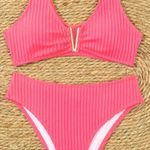 Rib Knit V Wired Plain 2 Piece Set Bikini Pink Photo 0