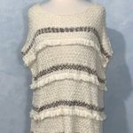 Loft  Cream Open Crochet Knit Drop Shoulder Short Sleeve Fringe Sweater Lg NWT Photo 1