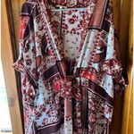 Maurice's Floral Patchwork Kimono‎ Cardigan Burgundy White Beach Cover Up Boho Summer Wrap Photo 0
