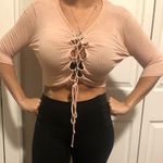 Uk2la  Womens Medium Pink / Cream 3/4 Sleeve Top Ties Up Middle V Neck Photo 0