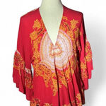Free People  Red Floral Bell Sleeve Tunic Top Size M Bohemian Photo 0