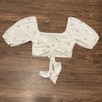 Love & Piece Strawberry Printed 5/8 Sleeve Waist Tie Crop Top White Pink Large Photo 9